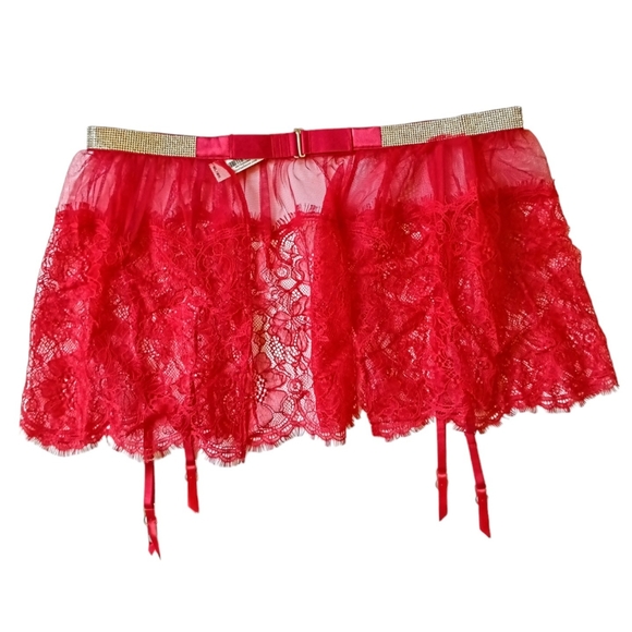 VS Lipstick Red Silver Rhinestone Shine Sheer Lace Skirt With Garters M/L NEW - Picture 7 of 10